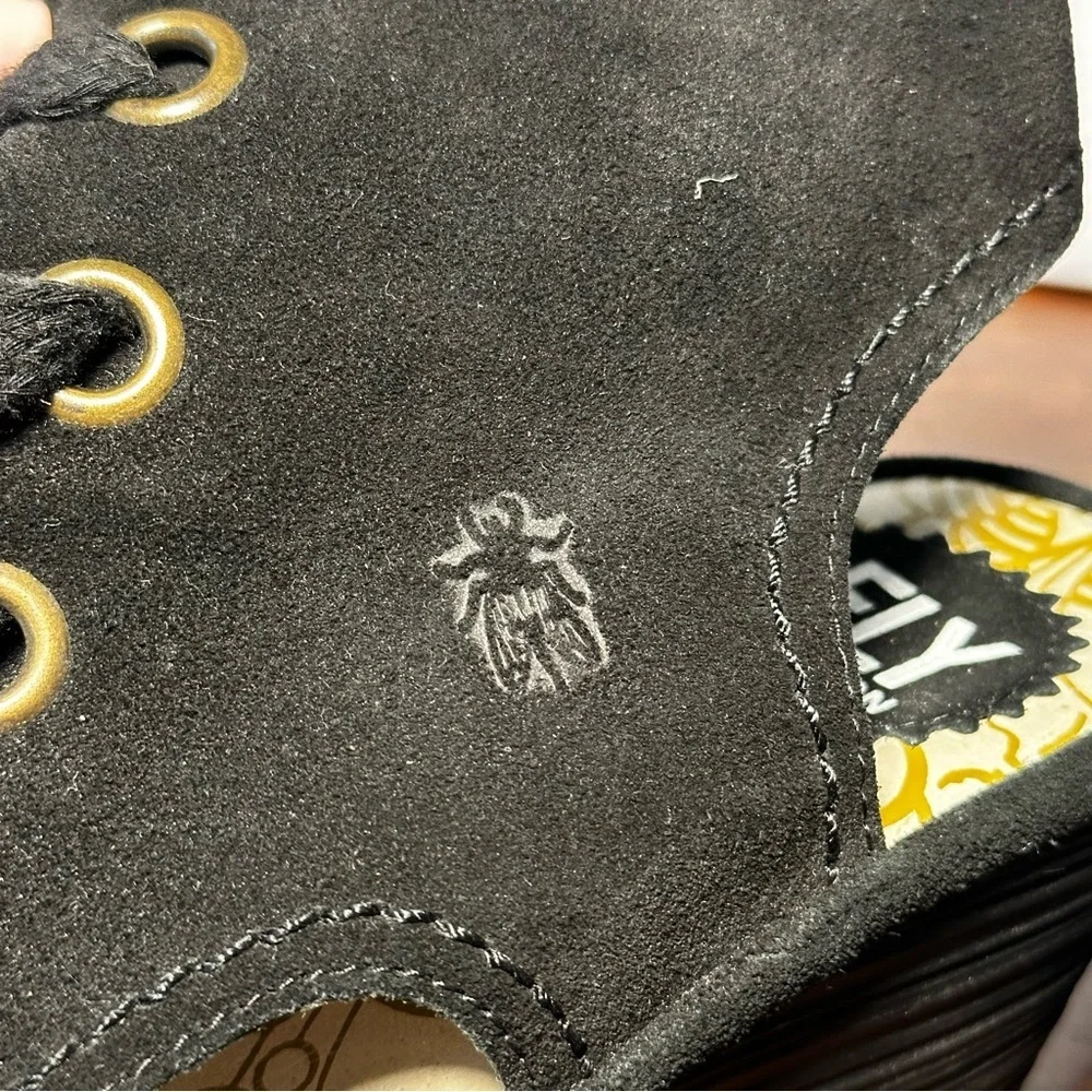 Fly London Tily Black Leather Platform Wedge Sandals Size 39